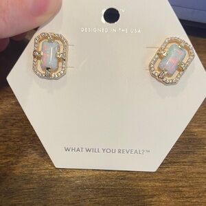 Gold Opal Rectangular Halo Stud Earrings - Women Jewelry